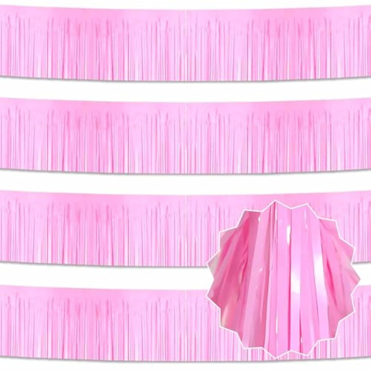 4 Pack 10 Ft Macaron Pink Foil Fringe Garland Metallic Streamers Tinsel Banner Wall Hanging Garland Backdrop For Parade Floats, Graduation, Theme Party, Carnival, Birthday, Wedding Party Decorations