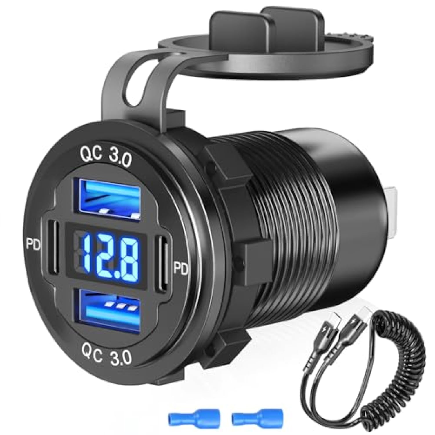 12V Usb C Outlet 78W 4 Ports Aluminum Car Charger Socket, Dual Pd 30W And Dual Qc 18W Car Usb Port 12V Charger With Voltmeter And C To C Cable, Suitable For Boat Marine Bus Truck Golf Rv Motorcycle