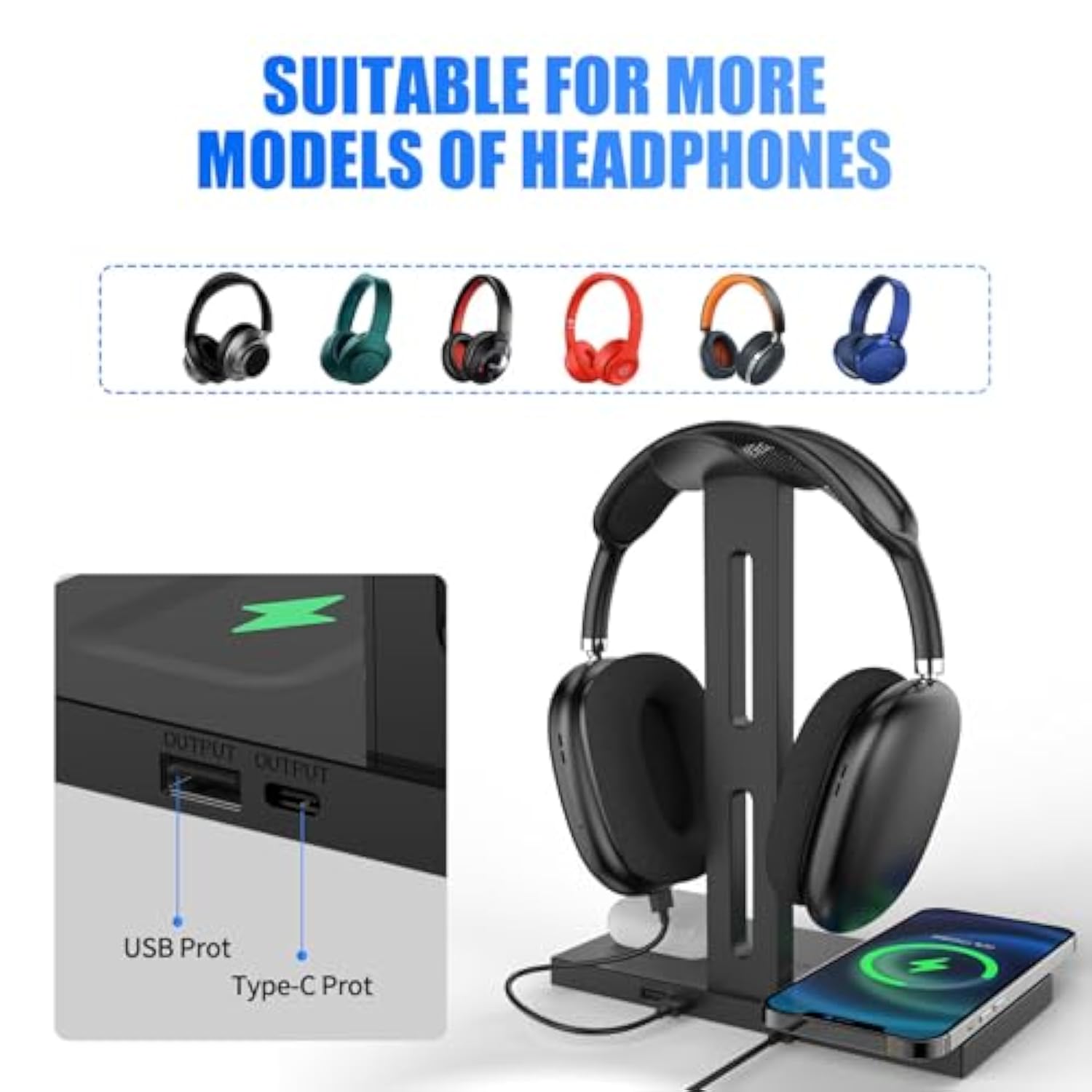 3 In 1 Headphone Stand With Wireless Charger 15W,Ideal Gifts For Gamers & Music Lovers,Compatible With Iphone,Airpods,Airpods Max,Essential Headphone Accessories (Black)