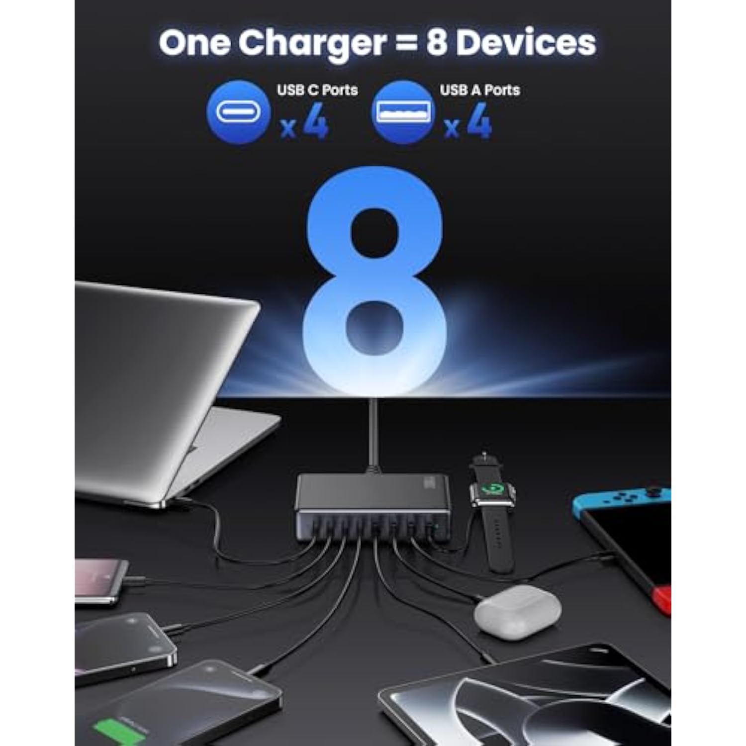 200W Usb C Charger Block,Gan Iv Charging Station 8 Ports,Qc4.0 Fast Charging Station Hub+Pd 65W Usb C Laptop Charger Adapter Compatible With Macbook Air/Pro,Dell,Iphone 16/15,Ipad,Steam Deck-Black