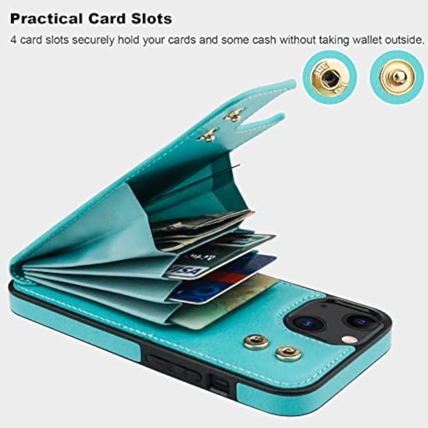 Compatible With Iphone 14 Case Wallet With Card Holder, 360°Rotation Finger Ring Holder Kickstand, Rfid Blocking Leather Protective Double Buttons Shockproof Cover 6.1 Inch Green