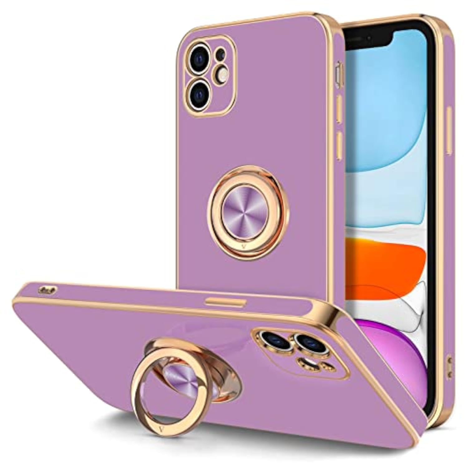 Luxury iPhone 11 Case with Rotatable Ring Stand and Magnetic Kickstand, Rose Gold Edge, Purple