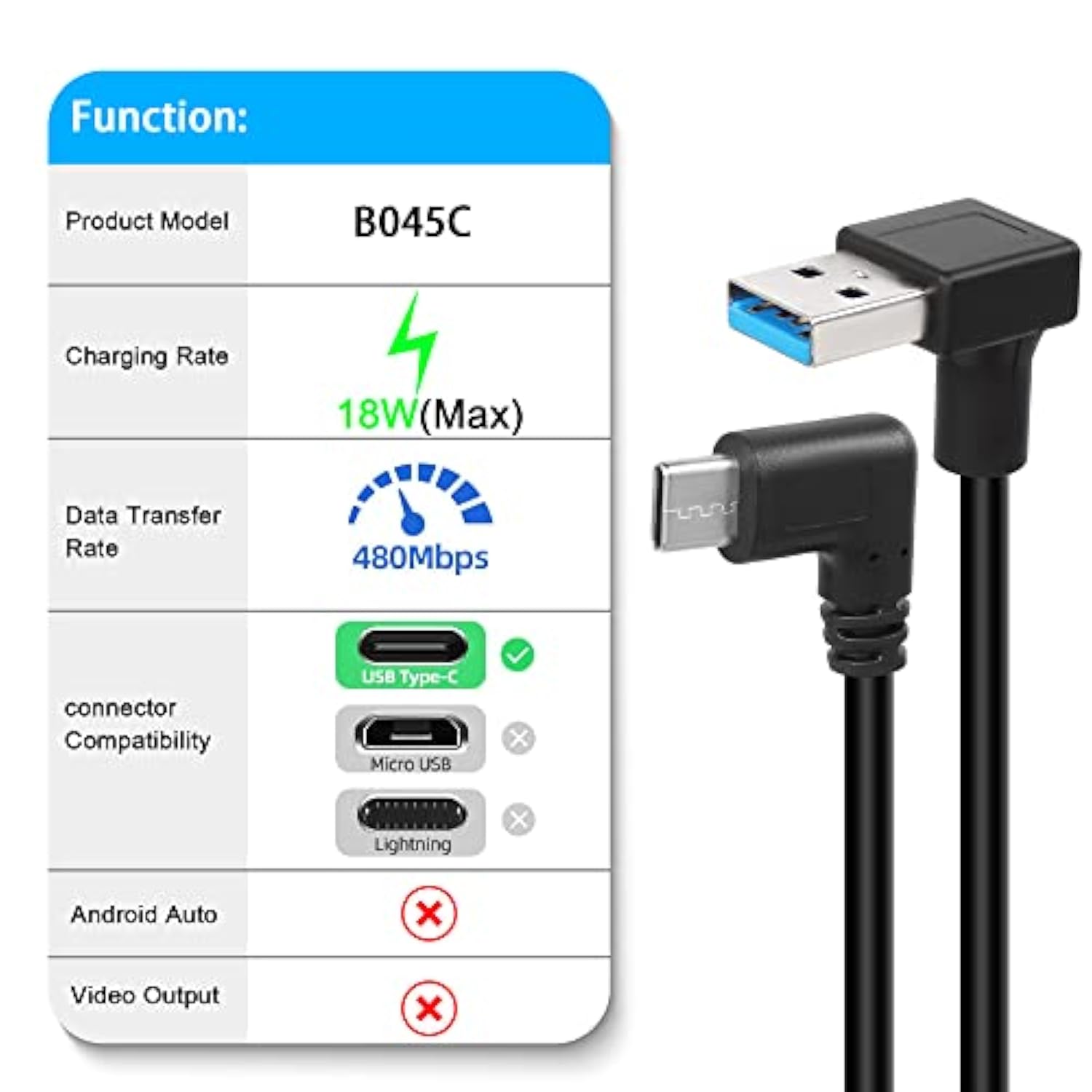 Up Down Angle Usb Type C Cable, 90 Degree 18W Fast Charging Usb A To Usb C Cab