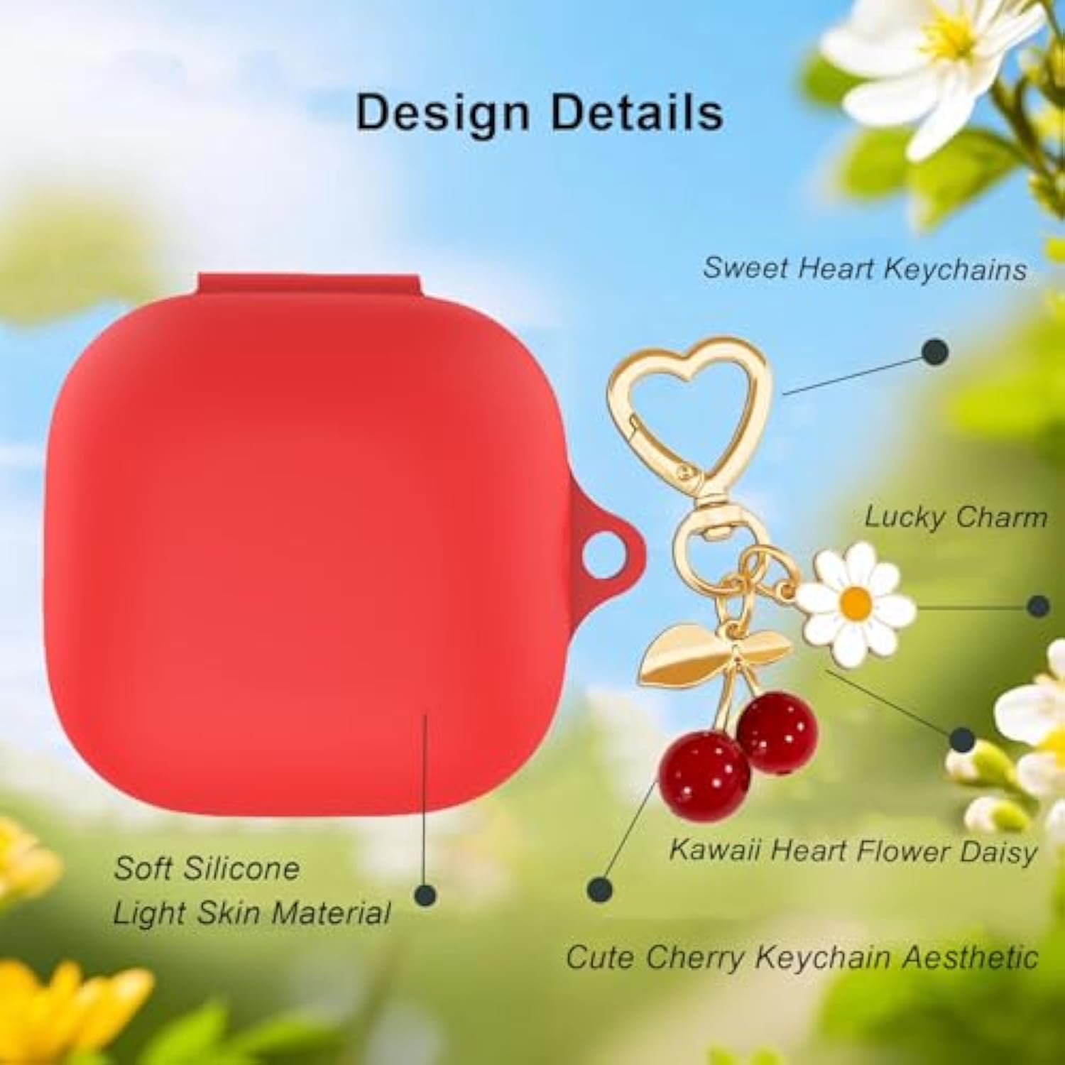 Protective Case For Beats Fit Pro With Cute Cherry Charm Heart Keychain, Soft Silicone Skin Cover Protective Accessories Daisy Key Chains For Beats Fit Pro Earbuds Charging Case Red