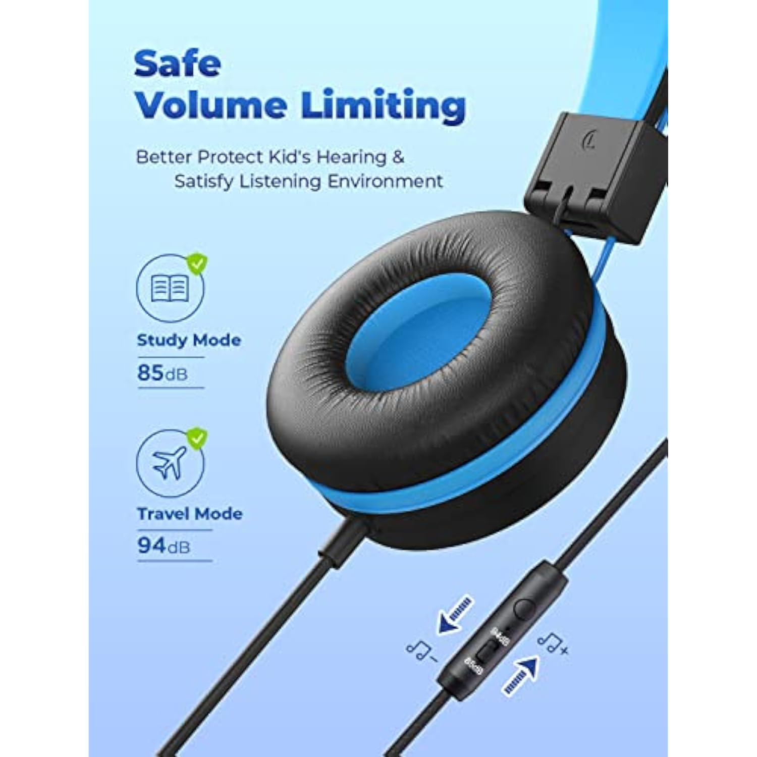 Kids Wired Headphones, 85/94dB Safe Volume, Foldable, Durable, HS14