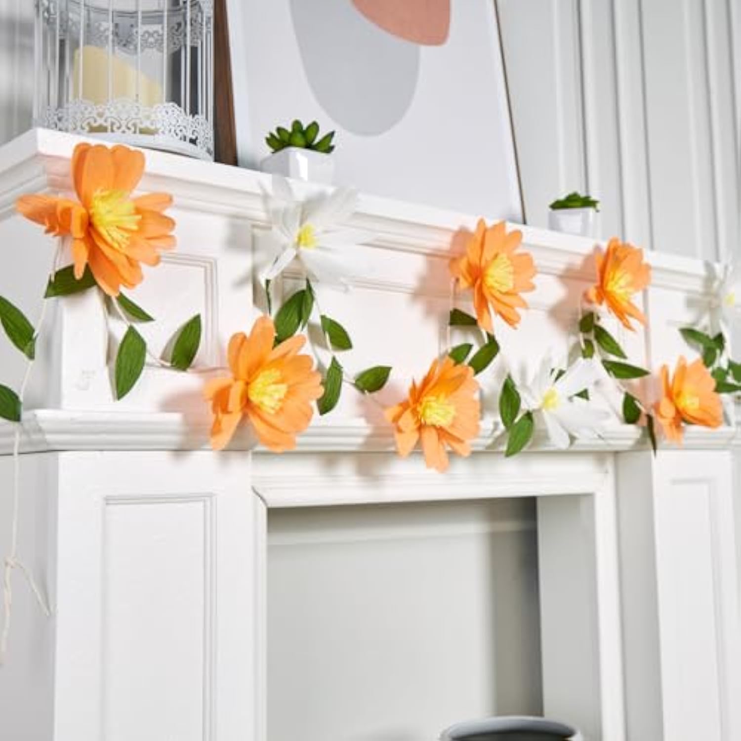 Crepe Paper Flowers Banner White Orange Floral Banner Spring Hanging Paper Flower Leaves Garlands For Spring Birthday Wedding Home Decorations