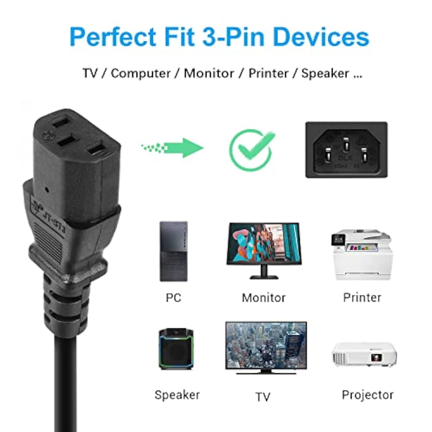 Power Cord Compatible With Samsung Plasma Tv, Ion Speaker, Dynex Panasonic Sony Philips Sanyo Lg Tv 6Ft 3 Prong Universal Power Cable Replacement