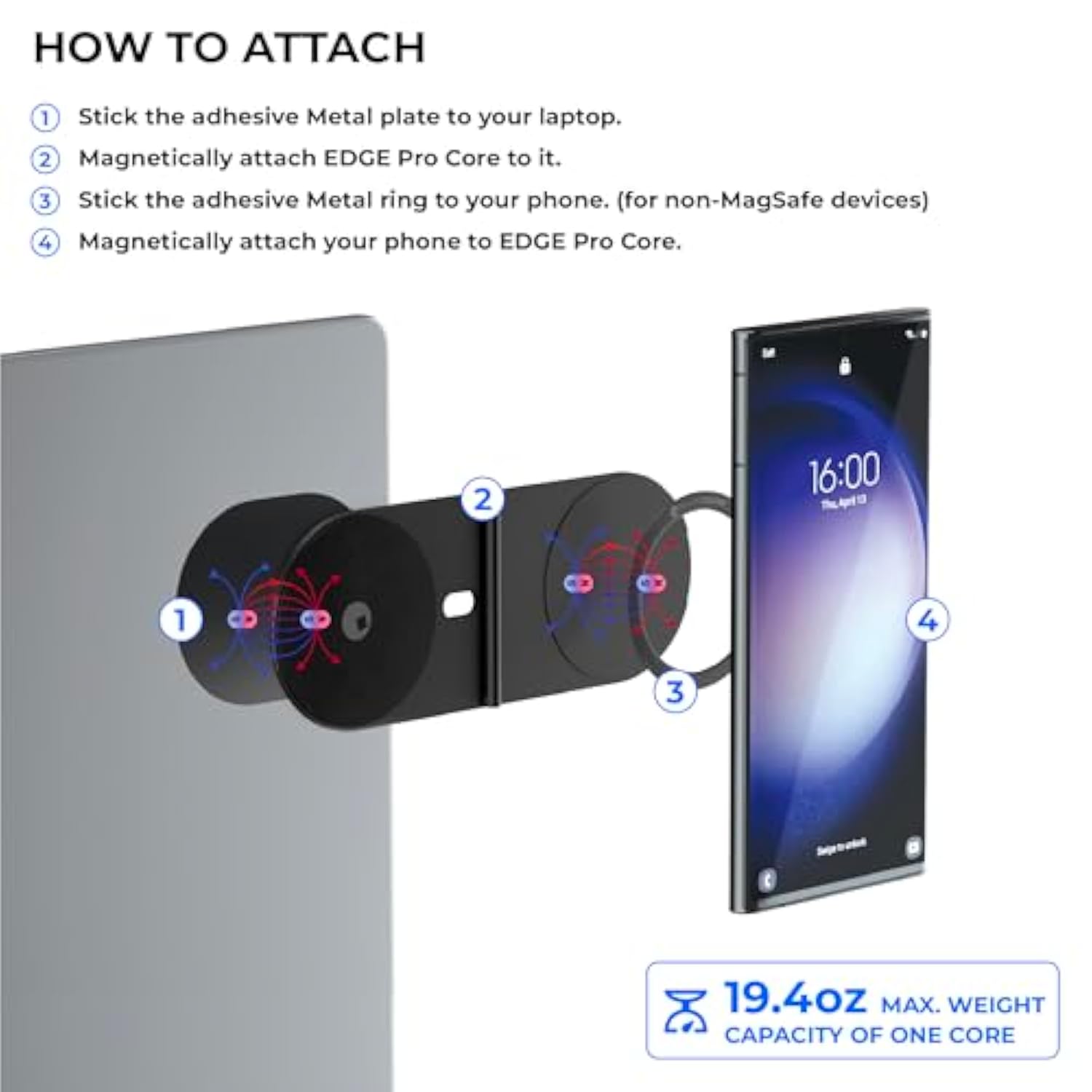 Edge Pro Core - Magnetic Mount Phone Holder Stand For Computers And Tablets | Secure Metal Plate Adhesive Or Standalone Mode Compatible With Magsafe, Qi, And Non-Magsafe Devices, Black