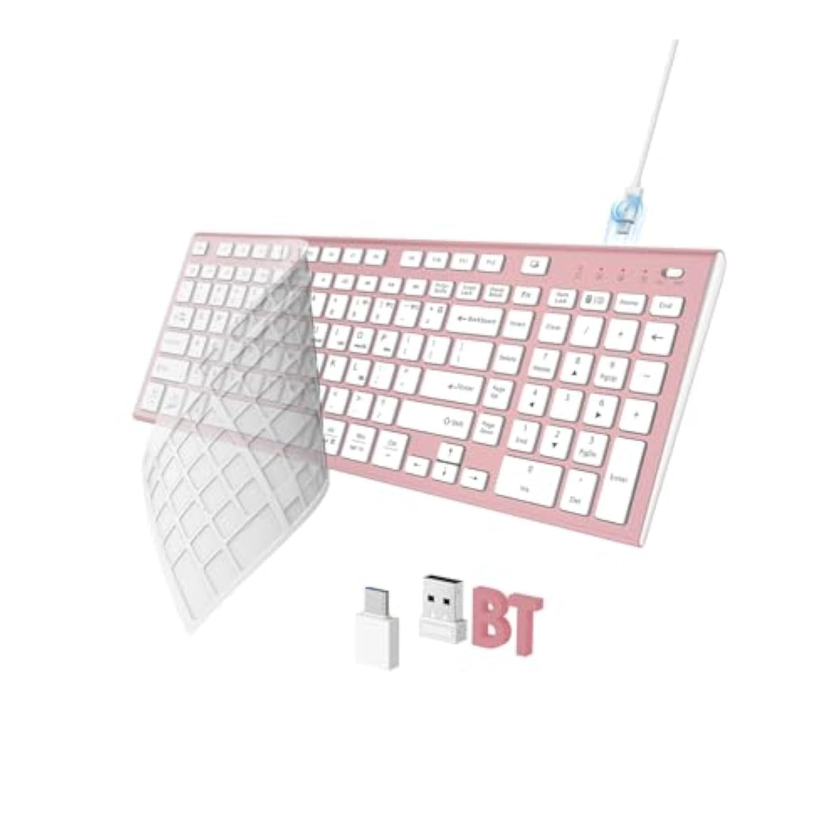 Wireless Keyboard, Bluetooth + Usb Ergonomic Silent Quiet Rechargeable With Number Pad Cute Compact Full Size Multi Device Keyboards For Ipad Tablet Mac Computer Surface Pc Macbook Laptop Pink