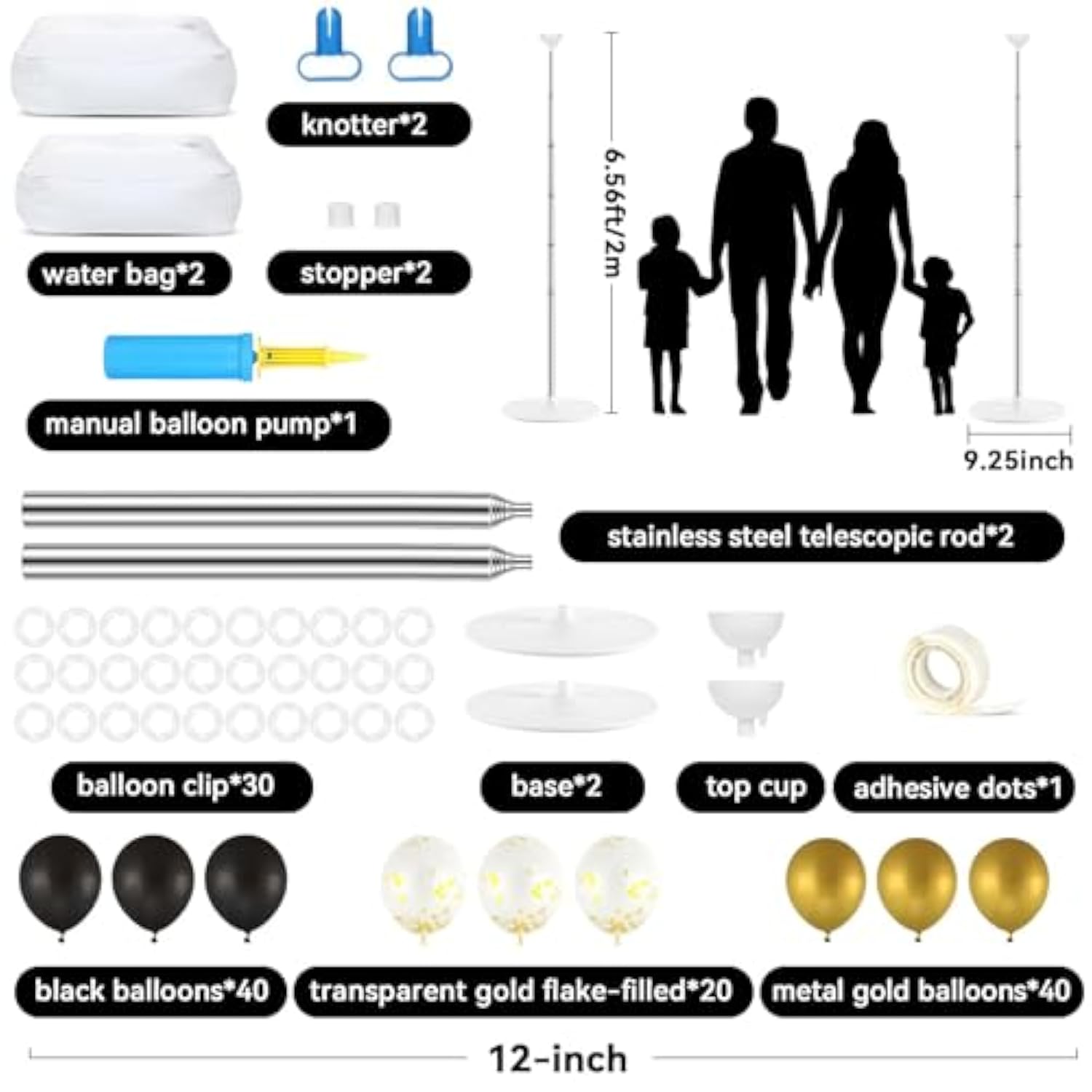 Adjustable Balloon Column Stand Kit: Black & Gold Party Decor - 100 Balloons