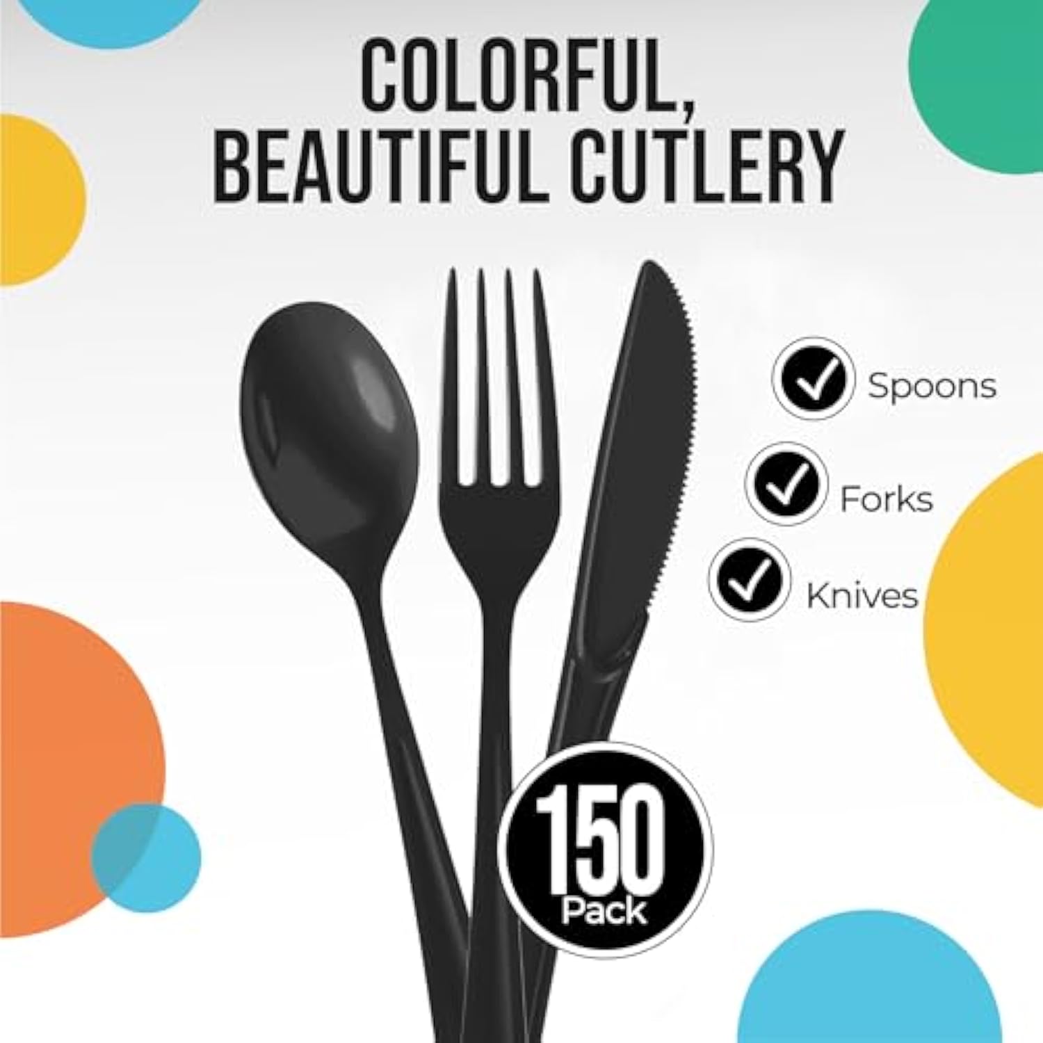 Party Solids Black Plastic Silverware Heavy Duty 150 Pieces Black Disposable Silverware Heavy Duty, Utensil Sets, 50 Of Each Forks, Knives & Spoons Disposable Cutlery Set For Party Supplies
