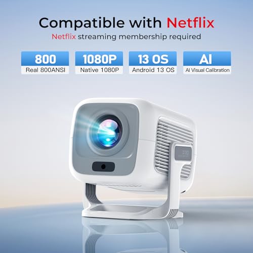[Officially Liscensed App] Smart Projector with WiFi and Bi-directional Bluetooth Native 1080P FHD 4K Support Auto Focus & Keystone Built-in Android
