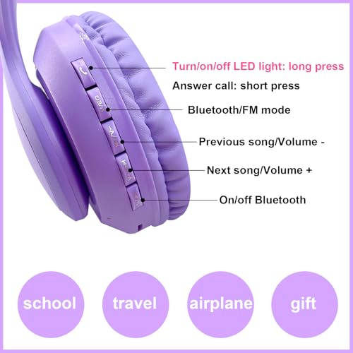 Kids Wireless Headphones LED Light up Cat Bluetooth Headphones, Color Changing Cat Ear Wireless Headsets with Microphone for