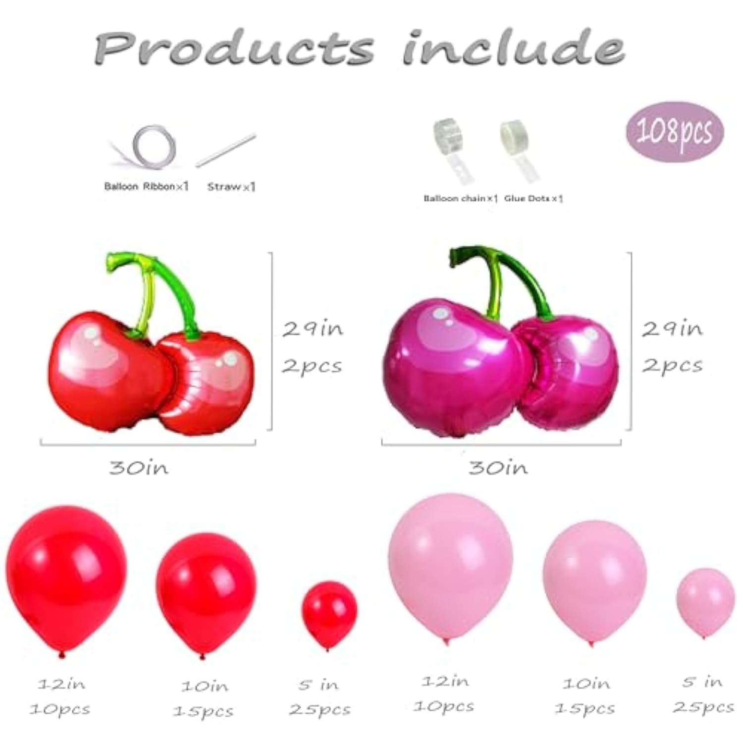108Pcs Cherry Balloon Garland Arch Kit – Red Pink White Cherry Balloons With Giant Foil Fruit, Cherry Party Decorations For Birthday, Baby Shower, Bridal Shower, Summer Party, Valentine’S Day