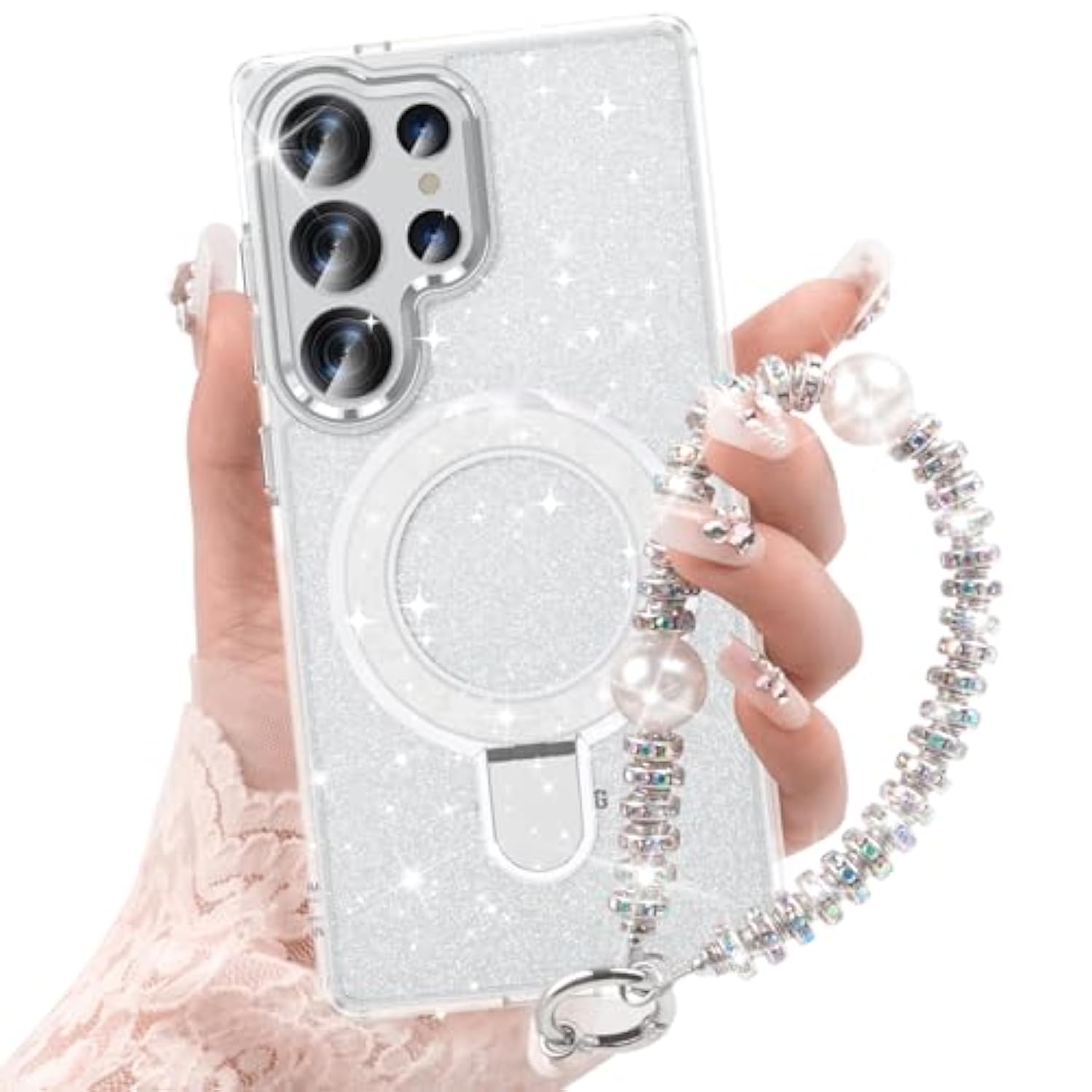 Silver glitter Galaxy S25 Ultra case with kickstand, bracelet, and shockproof design.