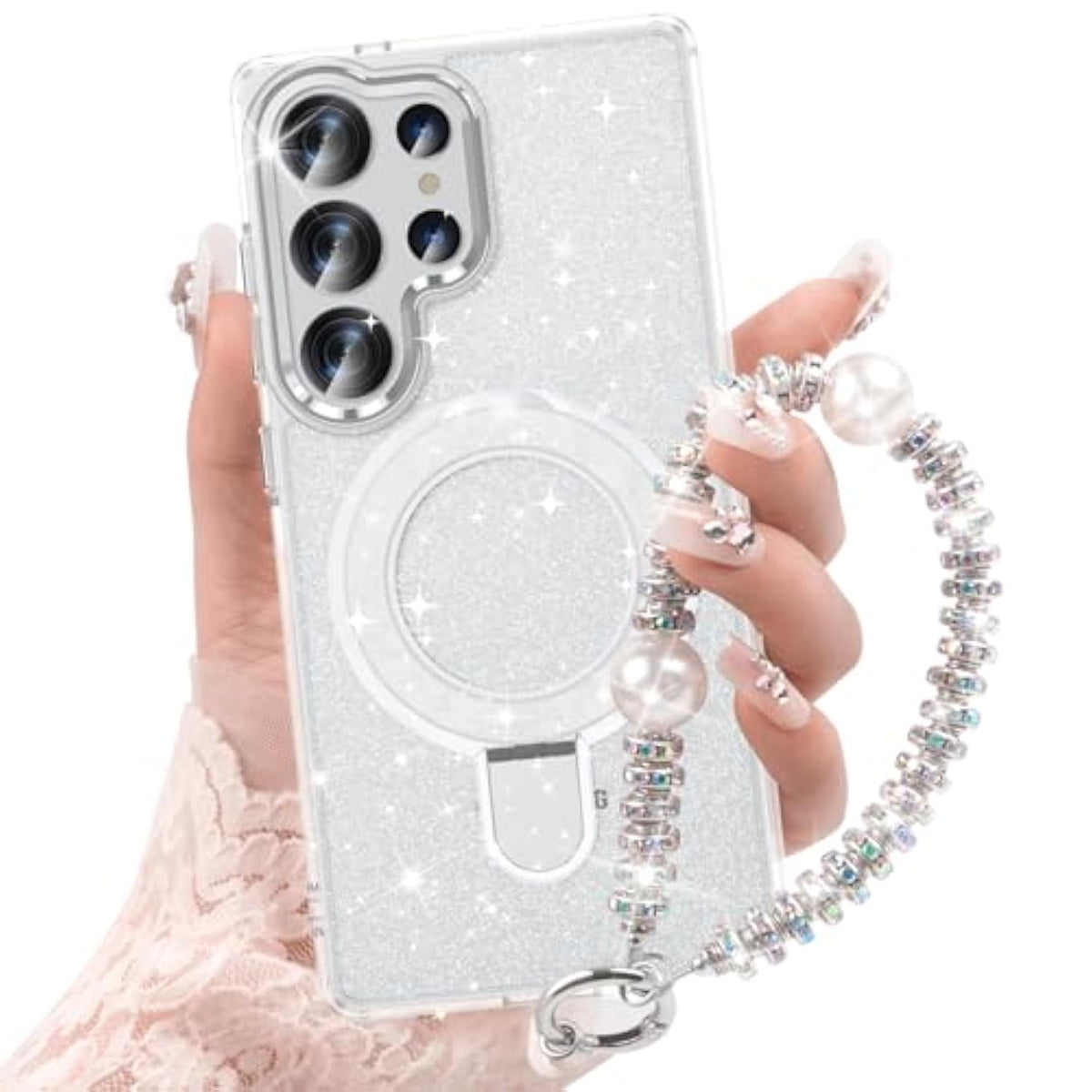 Silver glitter Galaxy S25 Ultra case with kickstand, bracelet, and shockproof design.