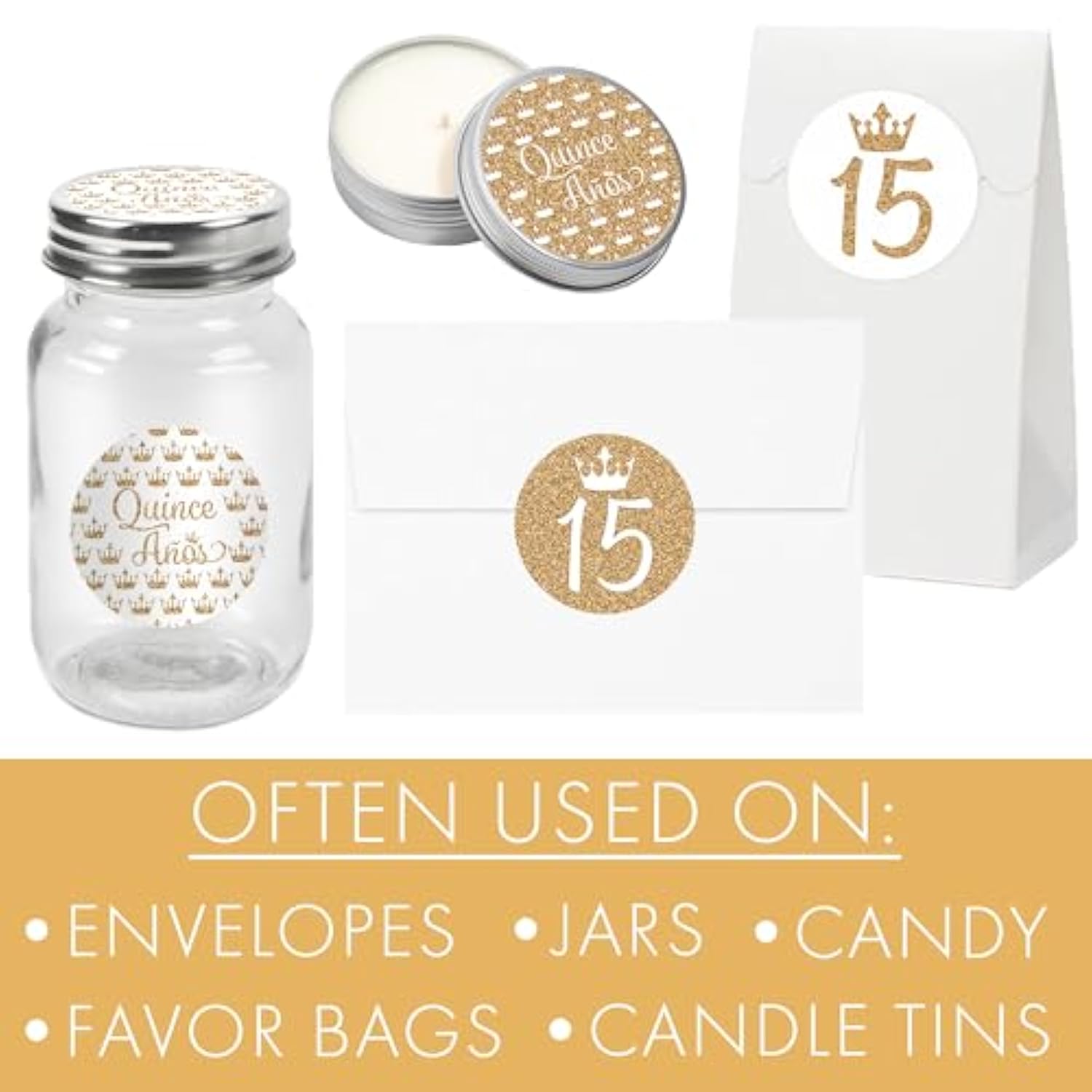 White And Gold Quinceañera Party Favor Labels, Mis Quince Años Sweet 15 Birthday Party - 40 Count