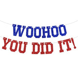 Woohoo You Did It Banner - Congrats Grad Sign, So Proud Of You, 2026 High School/College Graduation Party Decorations Supplies, Blue And Red Glitter