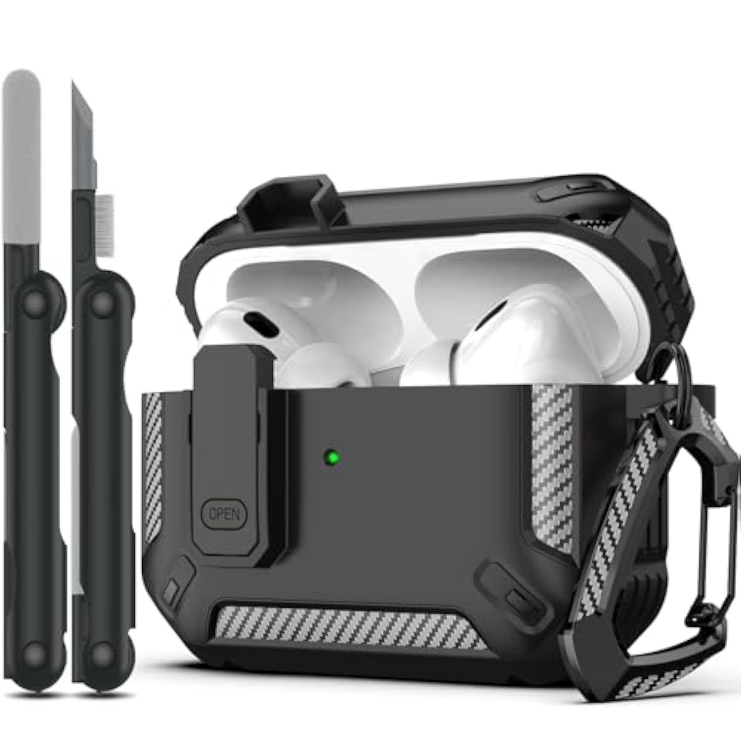 For Airpods Pro Case Cover With Cleaner Kit, Military Hard Shell Protective Armor With Lock For Airpod Pro Charging Case, Front Led Visible,Black