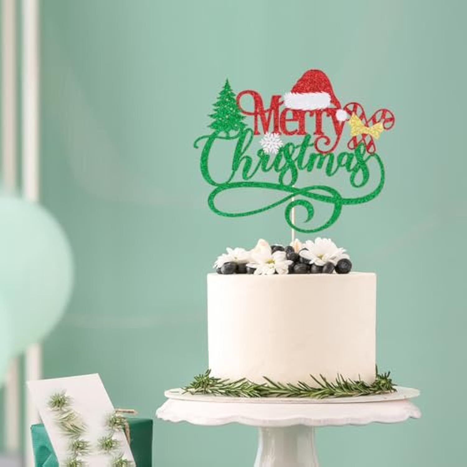 Merry Christmas Cake Topper,Glitter Green Xmas Holiday Cake Decorations,For Winter Christmas Santa Happy New Year Party Theme Cake Decorations (Red Green)
