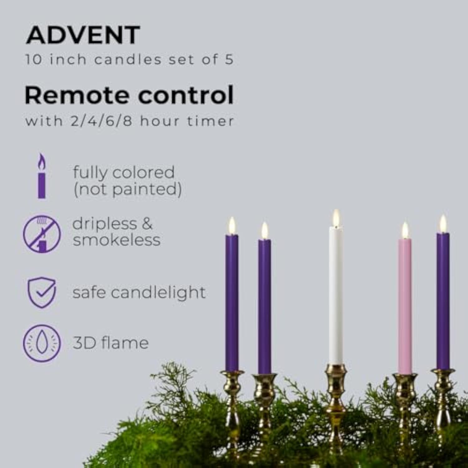 Flameless Advent Candles, Set Of 5 - Flickering Led Flame, 10 Inch Taper Candlesticks, Remote Controlled - 3 Purple, 1 Pink, 1 White For Christmas Wreath
