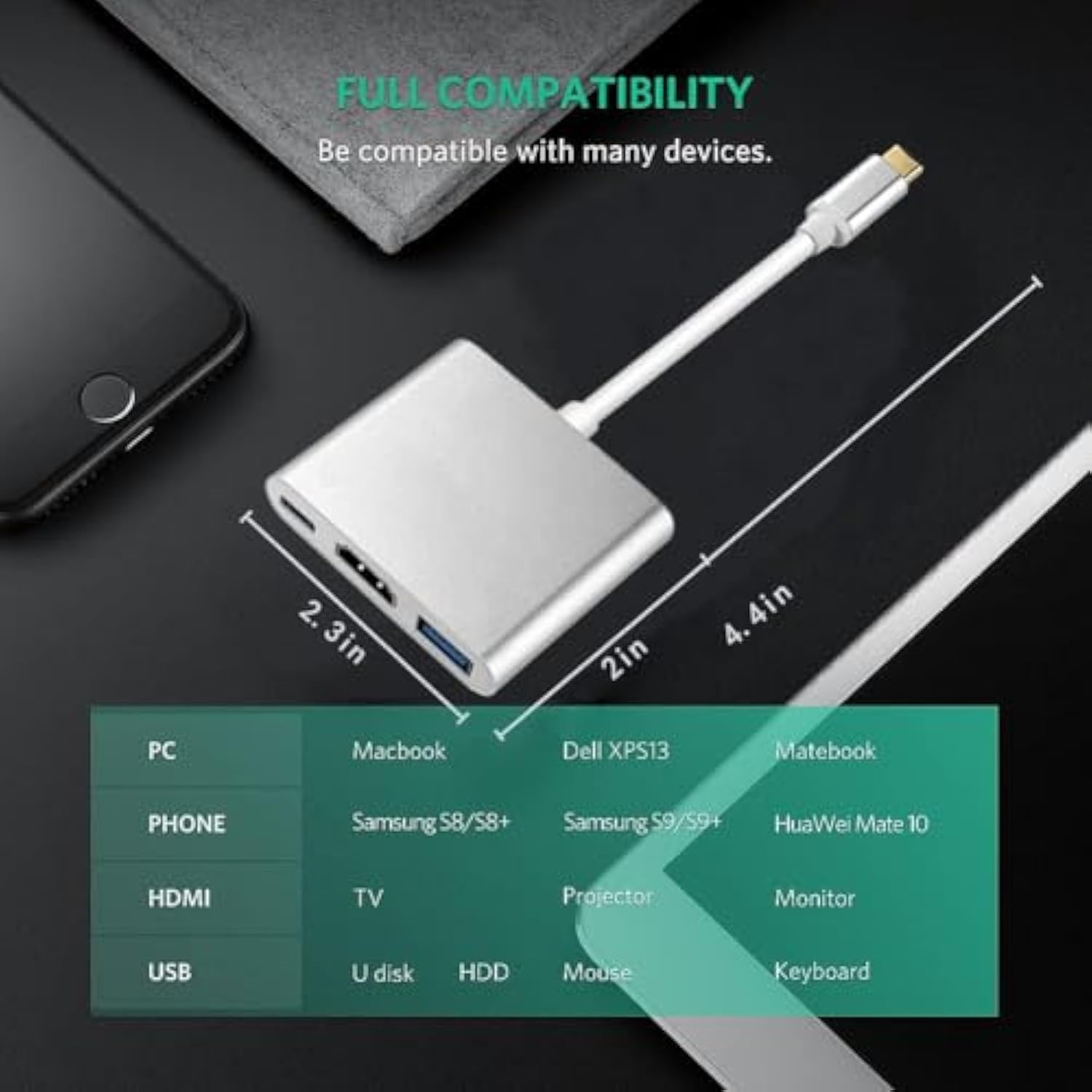 Usb C To Hdmi Adapter, 4K Type-C Hub Thunderbolt 3 To Hdmi Usb 3.0 Port And Us