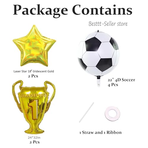 8 Pcs 22 inch 4D Sphere Soccer Balloons Foil Gold Trophy Star Champion Balloon for Soccer Birthday Party Decorations Graduation Sports Football World Cup Party Supplies