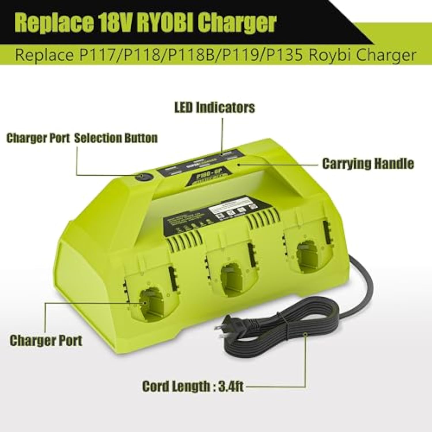 18V Battery Charger Replacement For Ryobi 18V Battery,6-Port Charger Station For Lithium-Ion One+ Batteries P100 P102 P103 P105 P107 P108 P189 P190 P193 P197,For Ryobi Charger P135 P117 P118