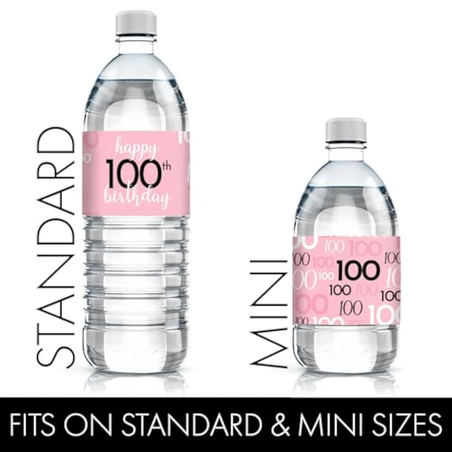 Pink, Black, And White 100Th Birthday Party Water Bottle Labels - 20 Waterproof Wrappers - Pink Birthday Decorations For Women