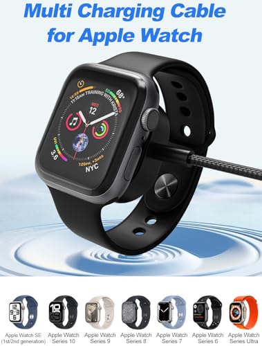 100W 2 USB C Multi Charging Cable for Apple Watch - 10ft USB C Fast Charging Cord with Dual USB-C (100W/10W), Lightning & Magnetic Apple Watch