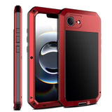 Heavy Duty Shockproof Aluminum Alloy Tough Armour Military Grade Phone Case for iPhone 17E, Full Body Protective Cover with Silicone Built-in Screen Protector, Red