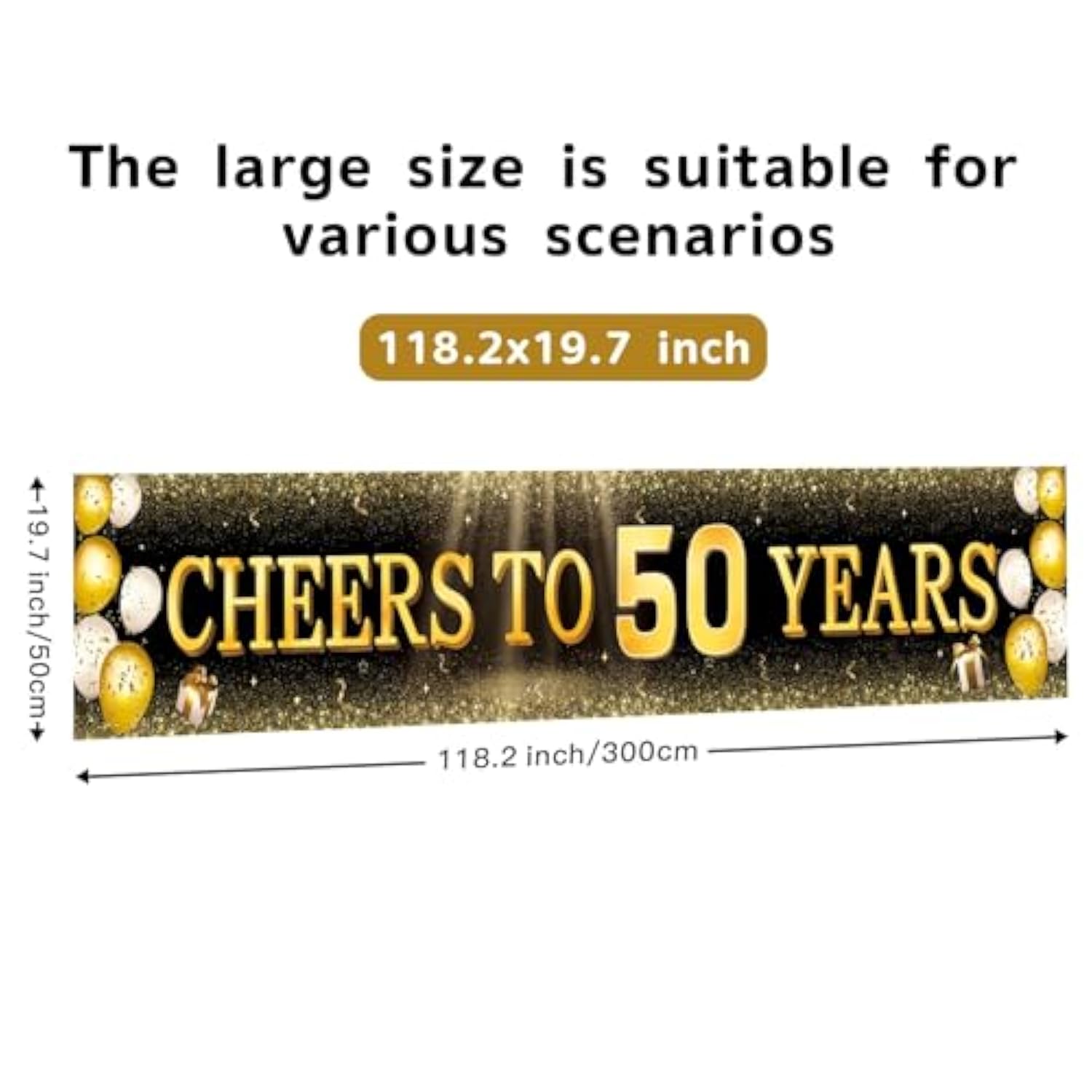 Black & Gold 50th Birthday Banner: Reusable Party Decor 118"x20"