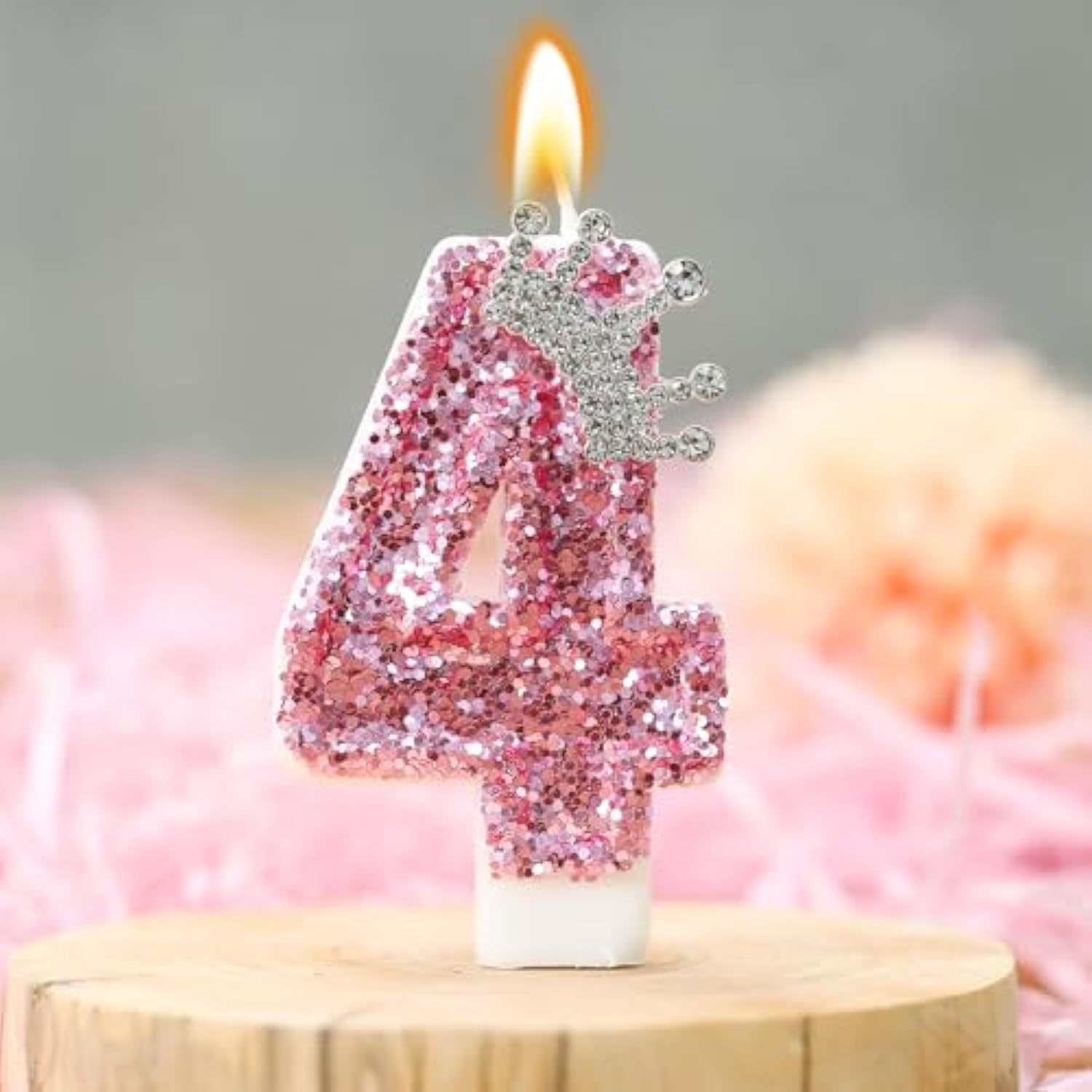 Birthday Number Candles,Pink Crown Birthday Candles For Cake,Glitter Number 4 Candle Cake Topper With Sequins For Girls,Women, Anniversary Celebrations Supplies (Pink 4)