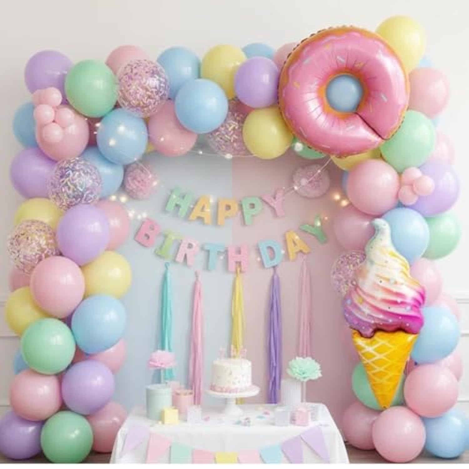 Pastel Balloons, 12 Inch Macaron Pink Purple Yellow Green Blue Confetti Balloons With Donut And Ice Cream Foil Balloon For Gilrs Easter Sweet Birthday Party Rainbow Baby Shower Decorations