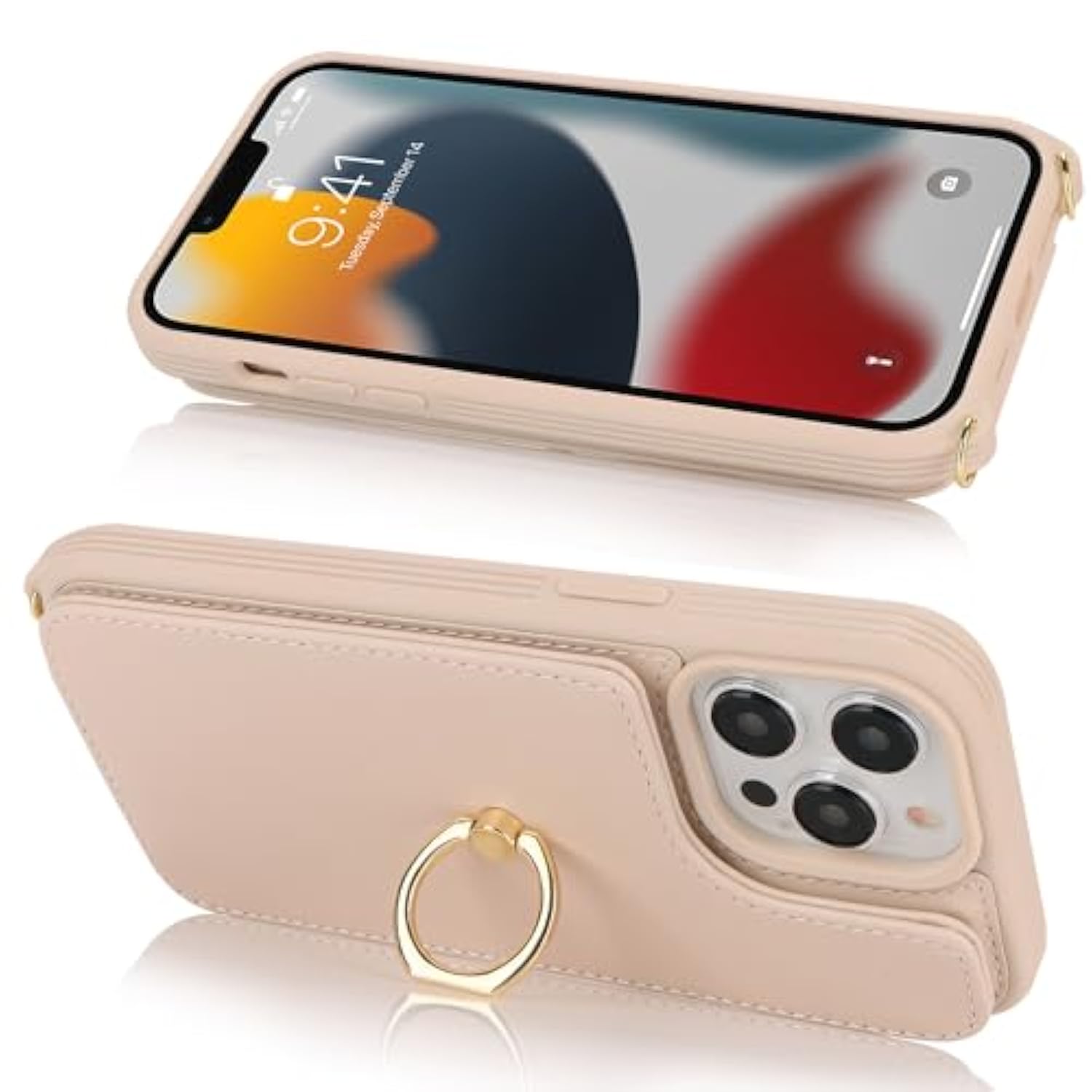 iPhone 12/13 Pro Max Wallet Case with Card Holder Strap Ring Stand Beige