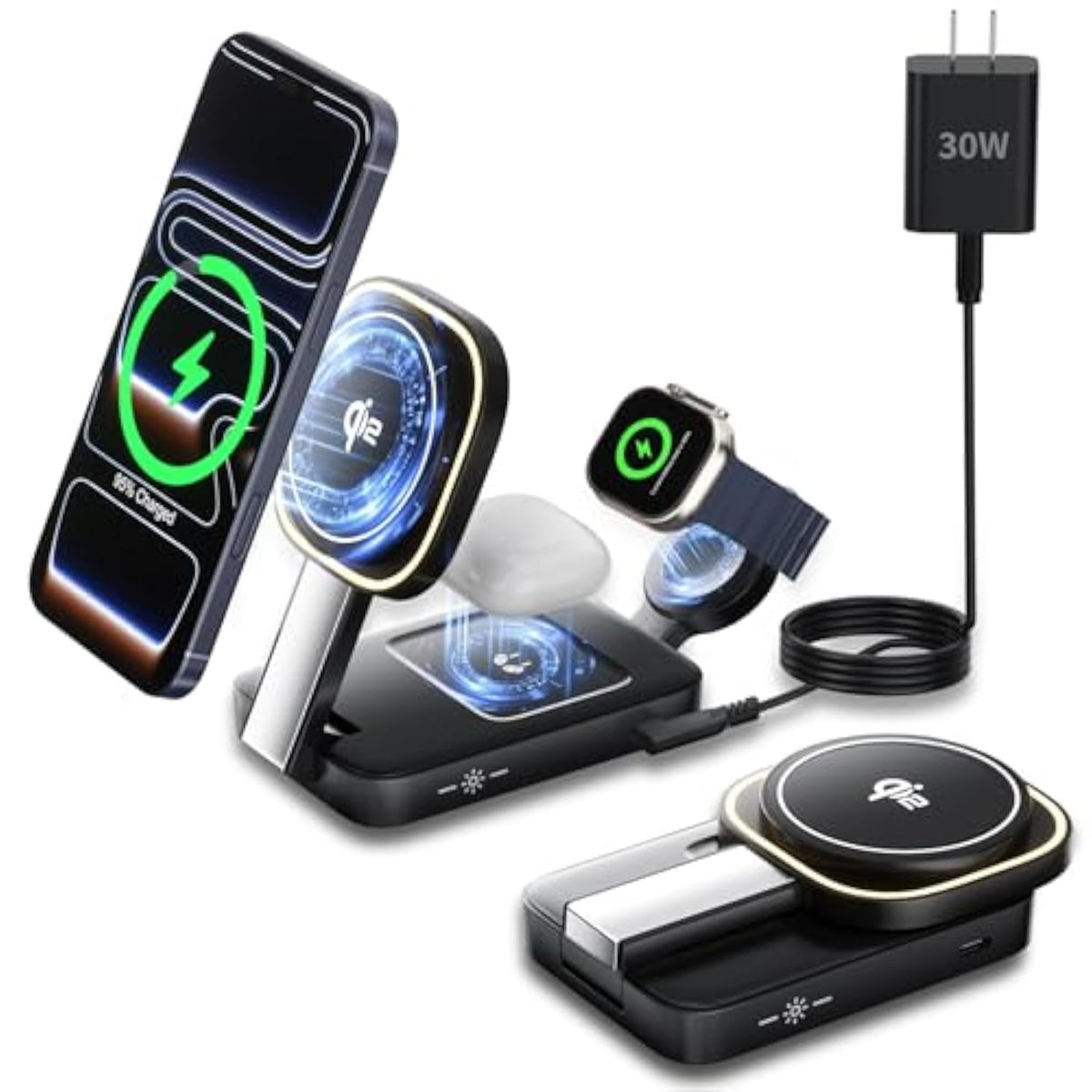 Magnetic Wireless Charger Apple Charging Station,Qi2 Certified 3 In 1 Wireless Charging Station Night-Lamp,Mag-Safe Charger Compatible With Apple 17/16/15/14/13/12&Air-Pods&Iwatch(Black)