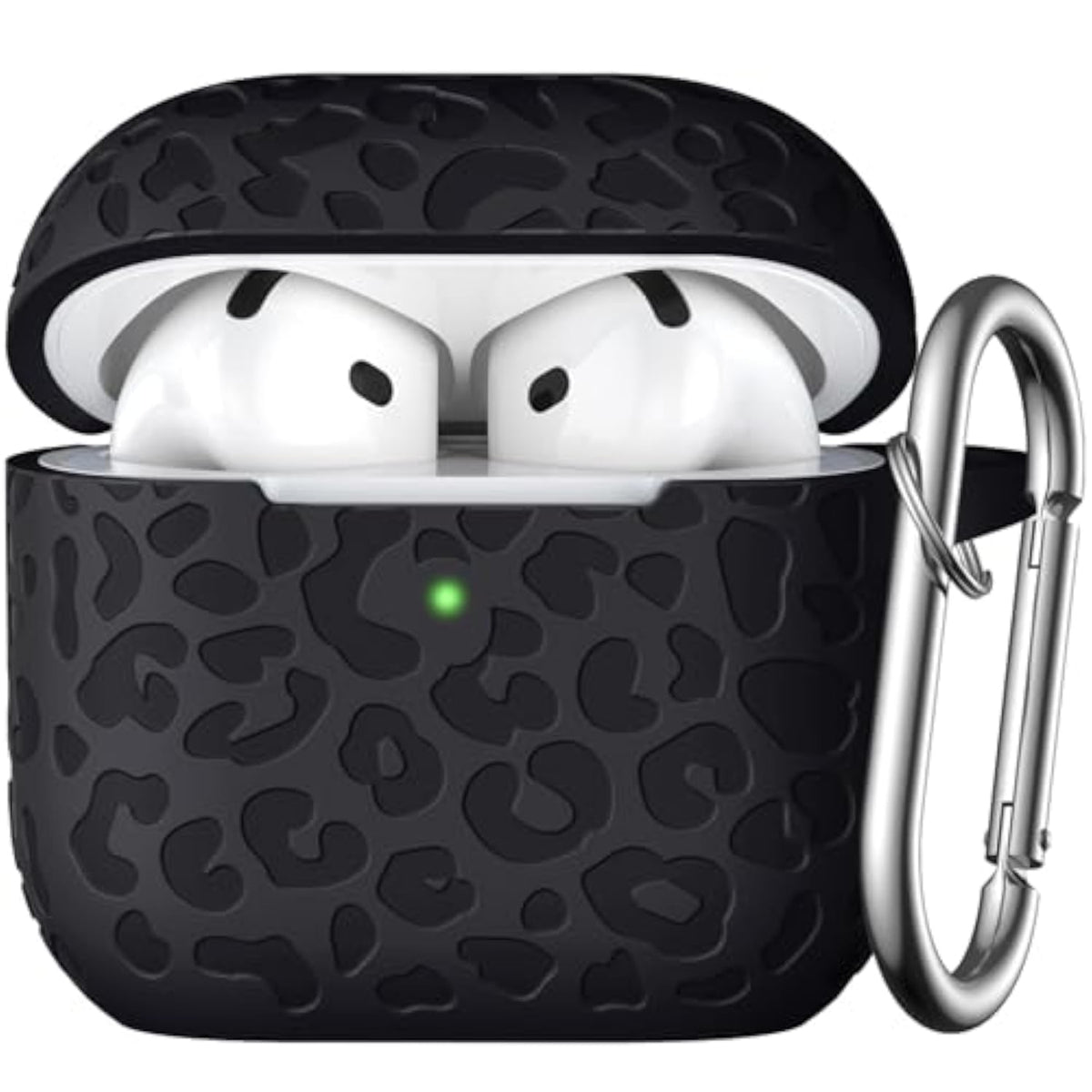 Leopard Engraved Soft Silicone Protective Case for Apple AirPods 4th Generation Case, Compatible with AirPods 4 Case, Cute AirPod 4 Case Accessories with Keychain, Black