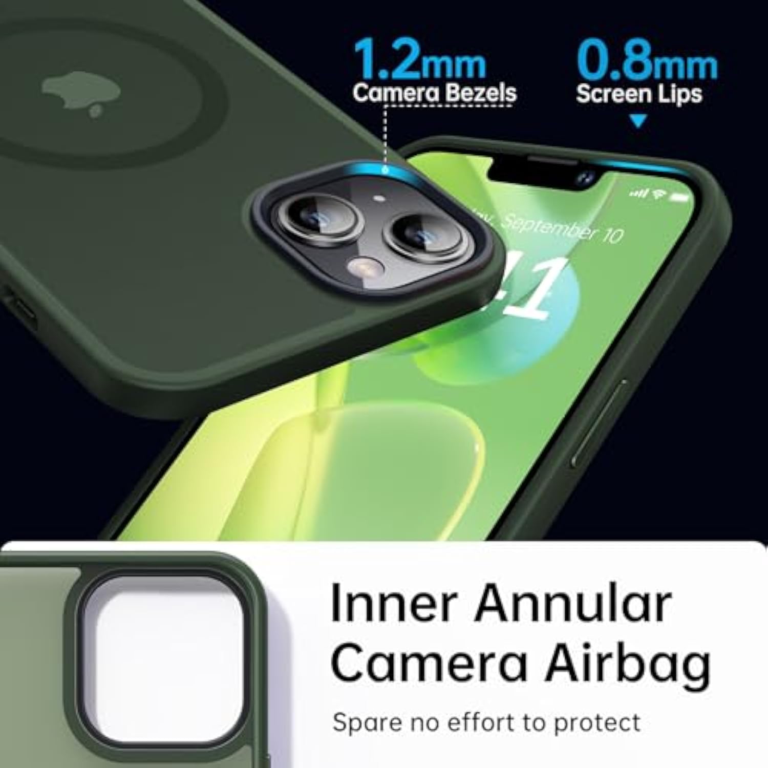 Magnetic For Iphone 13 Case & Iphone 14 Case For Magsafe [10Ft Grade Protective] Slim Translucent Matte Back Silicone Edge For Iphone 13 / Iphone 14 Phone Case (6.1"), Alpine Green