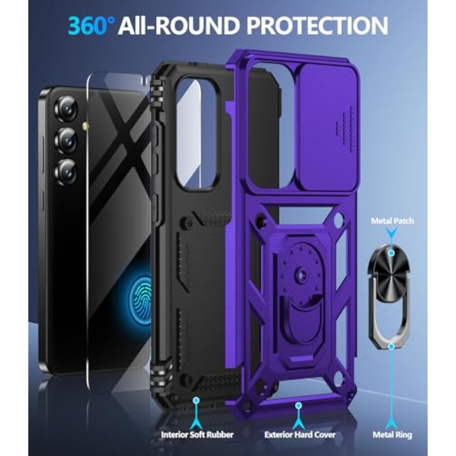 For Samsung Galaxy S24/Samsung Galaxy S25 Case With Screen Protector & Slide Camera Lens Cover, Built-In Ring Stand Protective Phone Case For Samsung S25 Case/Samsung S24 Case (Purple)