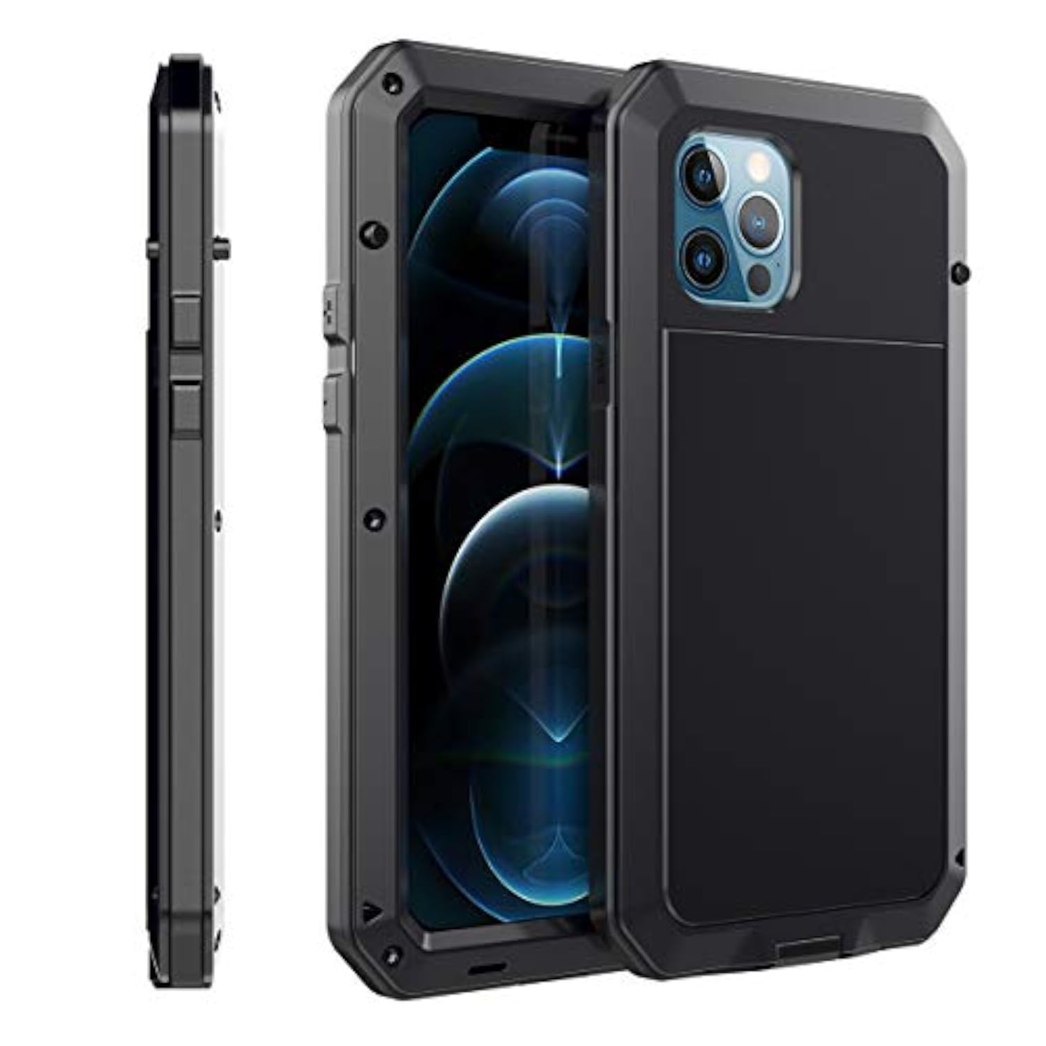 Heavy Duty iPhone 12 Case with Metal Frame and Silicone Screen Protector, 6.1 Inch, Black