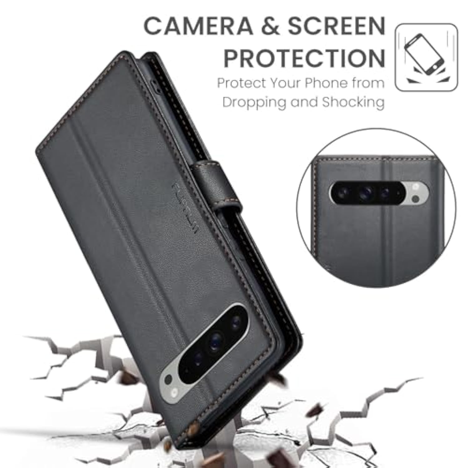 Pixel 9 Pro XL 6.8" Wallet Case, RFID Blocking, PU Leather, Flip Stand - Black