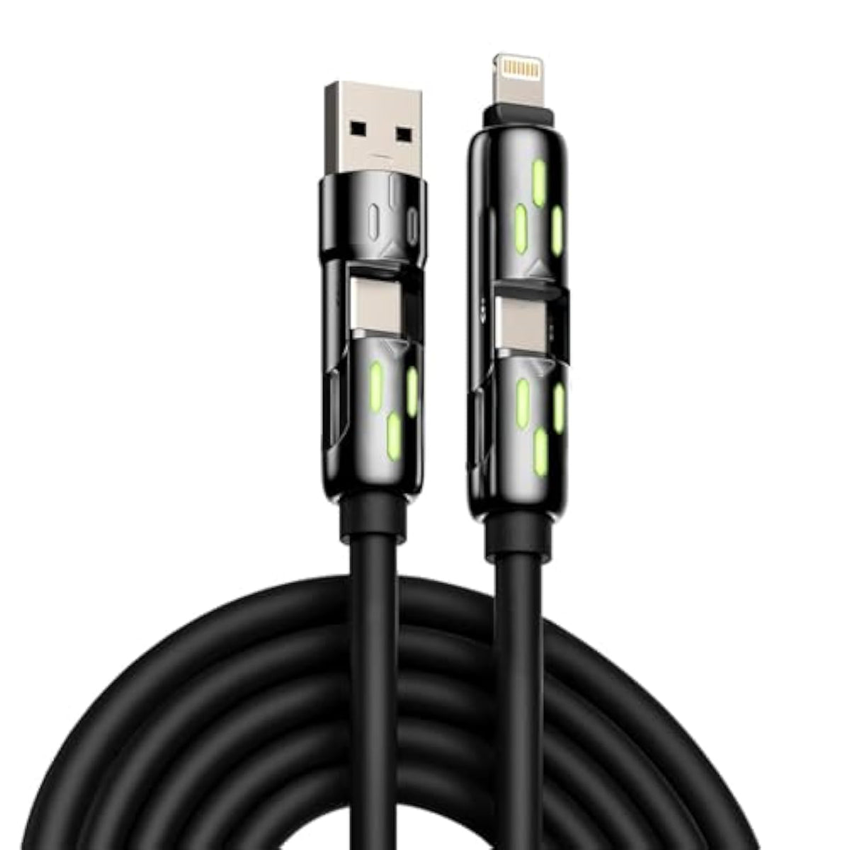 240W 4-In-1 Multi Fast Usb Charging Cable With Breathing Light, Usb A Type C Lightning Cable For Iphone 16 15 14 13 12 11 Pro Max Ipad Samsung Galaxy Macbook Ipad Tablets & More (6Ft, Black)