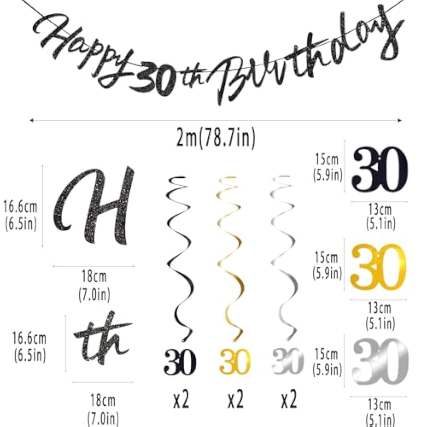 30Th Birthday Decorations For Boys Swirls Streamers Set, Hanging Vortex Happy 30Th Birthday Banner For Girls, Black And Gold 30 Birthday Decor Party Bunting