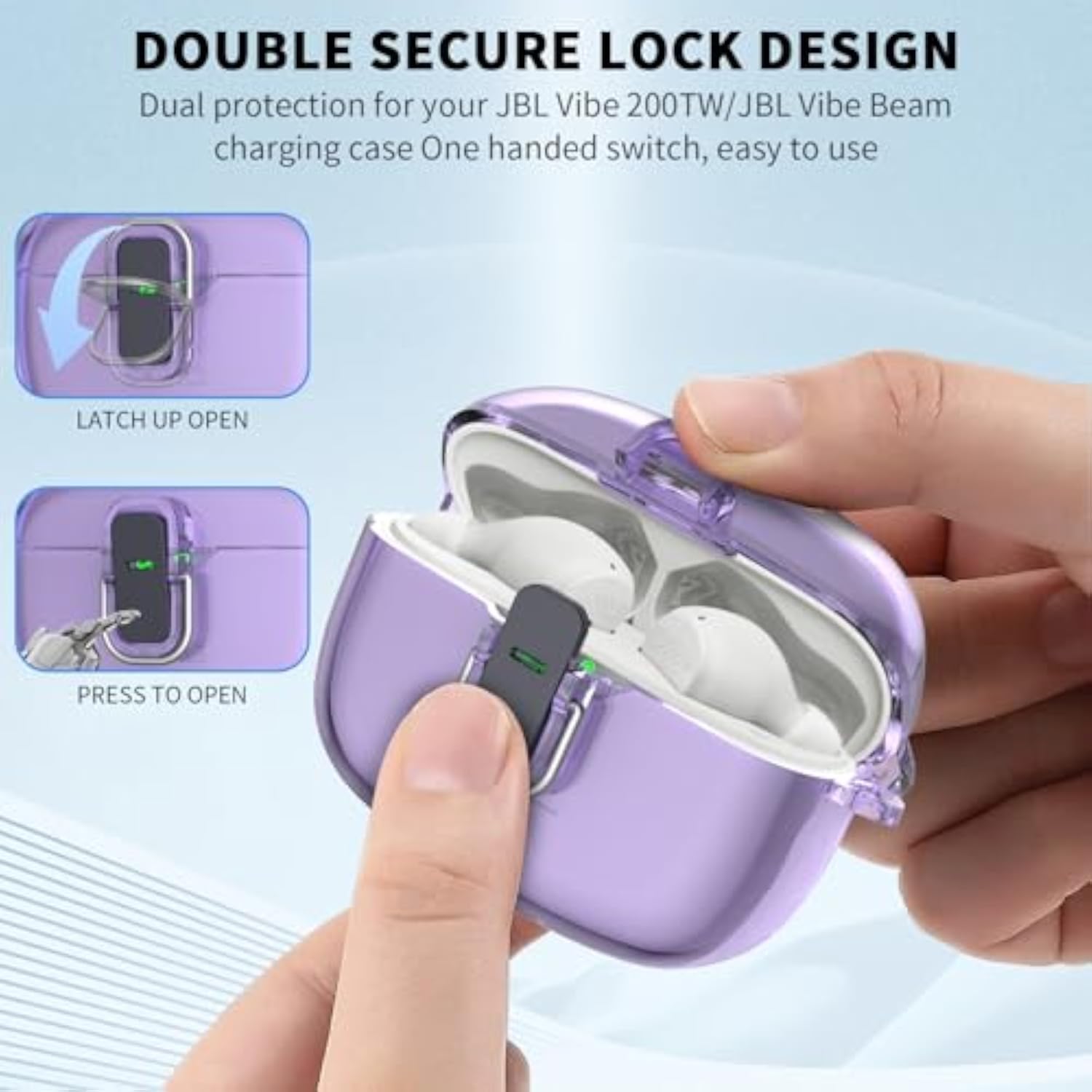 Transparent TPU Protective Cover with Carabiner for JBL Vibe Beam 2 Charging Case, Compatible with JBL Vibe 200TWS/JBL Vibe Beam/Beam 2 Lock Clip Case Cover Clear with Cleaner Kit