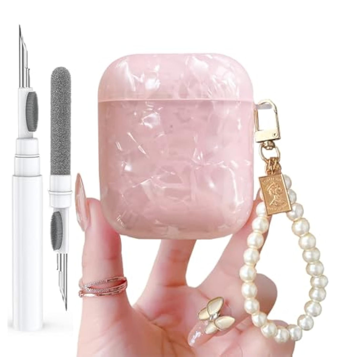 For Cute Glitter Airpods 2/1 Gen Case With Cleaner Pen,Shell Pattern Airpods 2Nd/1St Generation Cover Protective Skin Girl Women With Luxury Pearl Keychain For Apple Ipod 2Nd/1St Gen - Pink