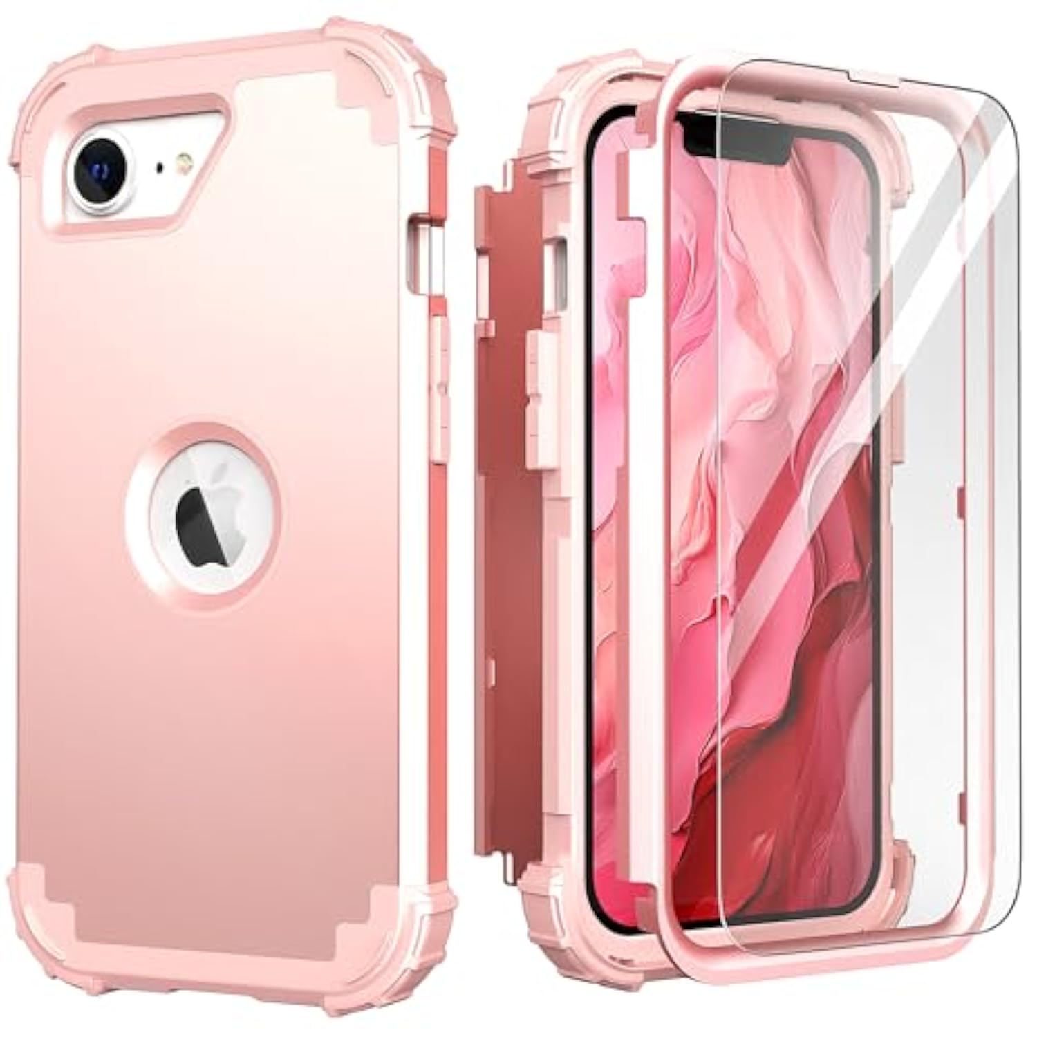 For 16E Case With Screen Protector(2025),Case For Se 4Th Generation,Hybrid 3 In 1 Shock Absorption Slim Fit Heavy Duty Hard Pc Cover Soft Silicone Bumper Full Body Cover,Rose Gold