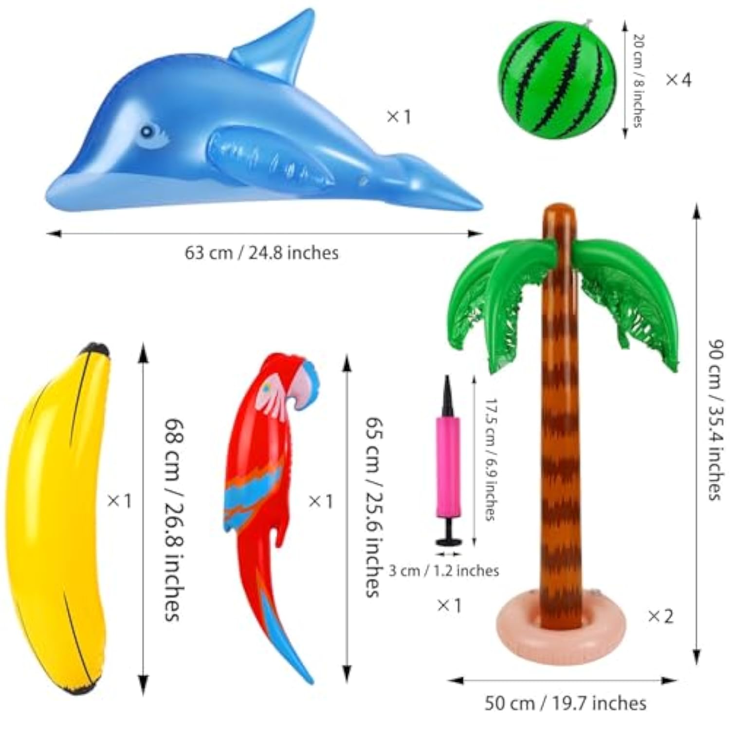 Inflatable Luau Party Set 2 Pack Palm Trees 4 Pack Inflatable Watermelon 12 Pack Hawaiian Flowers 12 Pack Monstera Leaves 20 Pack Balloons Wingless Parrot Flamingo Banana For Party Supply