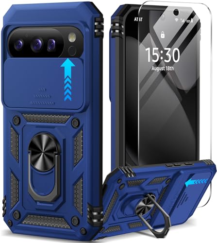 For Google Pixel 10 Case/Pixel 10 Pro Case With Screen Protector & Slide Camera Lens Cover,Built-In Ring Stand Protective Phone Case For Pixel 10 Case/Google Pixel 10 Pro Case (Blue)