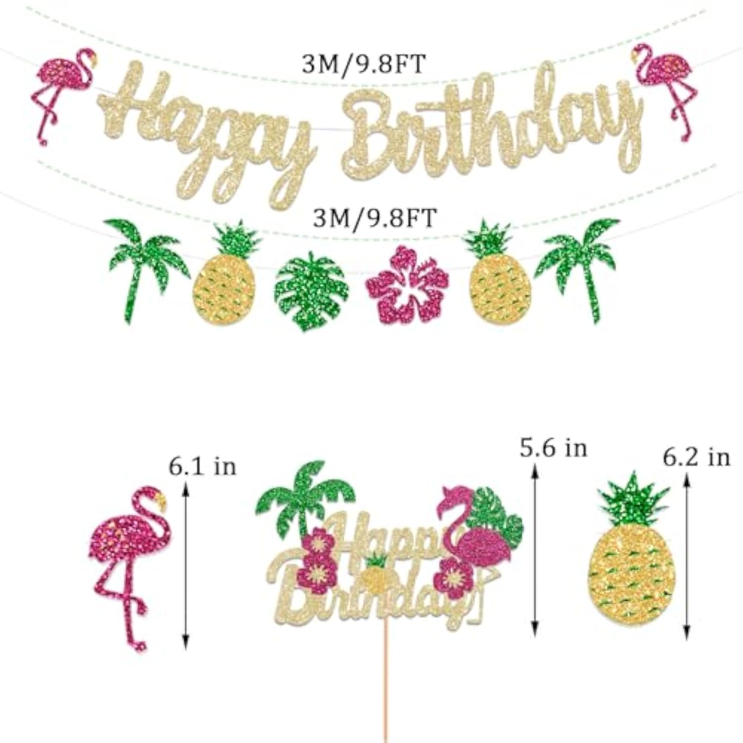 Glitter Tropical Happy Birthday Banner Luau Hawaiian Cake Toppers Flamingo Flower For Summer Birthday Party Decorations Theme Baby Shower Supplies