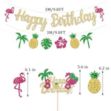 Glitter Tropical Happy Birthday Banner Luau Hawaiian Cake Toppers Flamingo Flower For Summer Birthday Party Decorations Theme Baby Shower Supplies